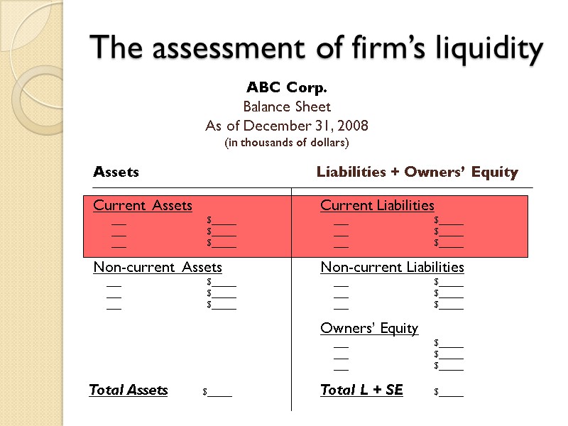 The assessment of firm’s liquidity ABC Corp. Balance Sheet As of December 31, 2008